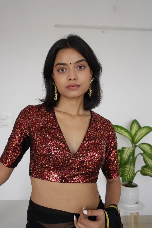 Arzoo x Tyohaar | Elbow Sleeves Red Sequined Saree Blouse with V-Neck