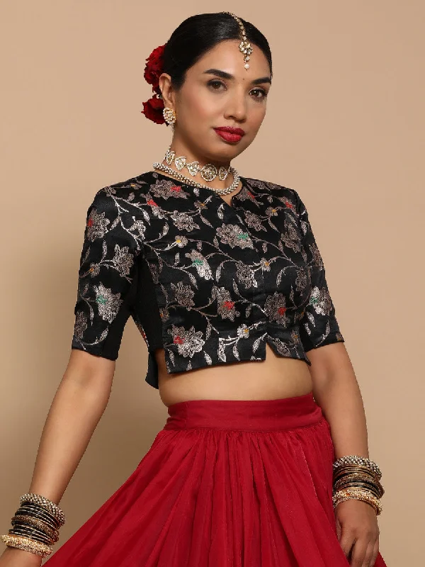 Riyana x Tyohaar | Elbow Sleeves Satin Viscose Saree Blouse in Black Meenakari Fabric