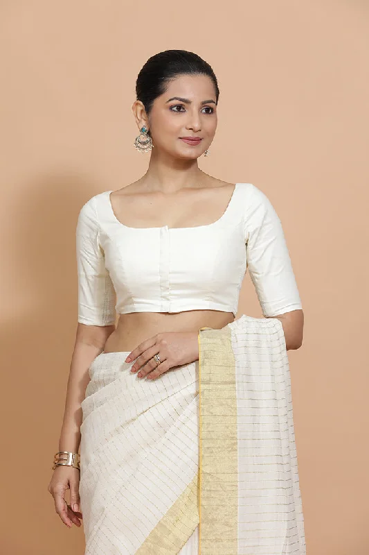 Vritika x Rozaana | Scoop Neck Ivory Mist Plain Cotton Saree Blouse