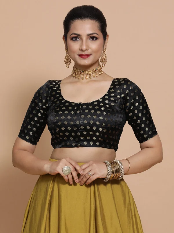 Fatima x Tyohaar | Elbow Sleeves Satin Viscose Saree Blouse in Black Butta Fabric