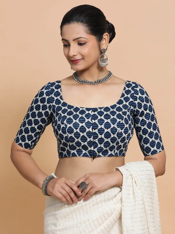 Vidhi x Rozaana | Elbow Sleeves Cotton Saree Blouse in Indigo Blue Leaf Block Print Fabric