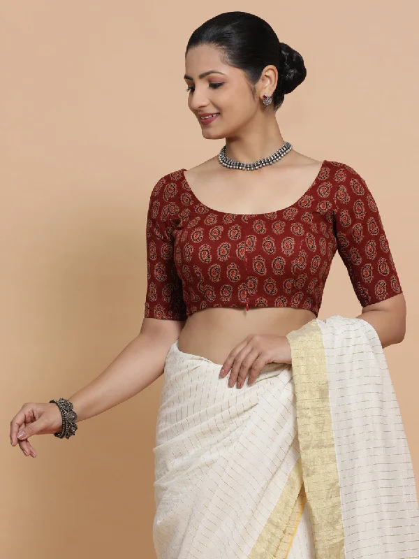 Tara x Rozaana | Elbow Sleeves Cotton Saree Blouse in Red Mango Block Print Fabric