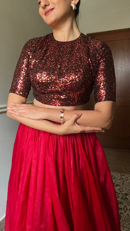 Surina x Tyohaar | Elbow Sleeves Red Sequined Shimmer Saree Blouse with Jewel Neck