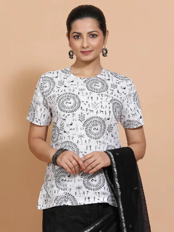 Tithi x Rozaana | Short Sleeves Cotton Saree Blouse in White Warli Print Fabric