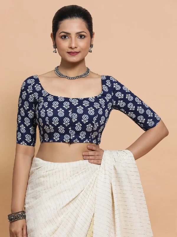 Yukta x Rozaana | Elbow Sleeves Cotton Saree Blouse in Indigo Blue Flower Block Print Fabric