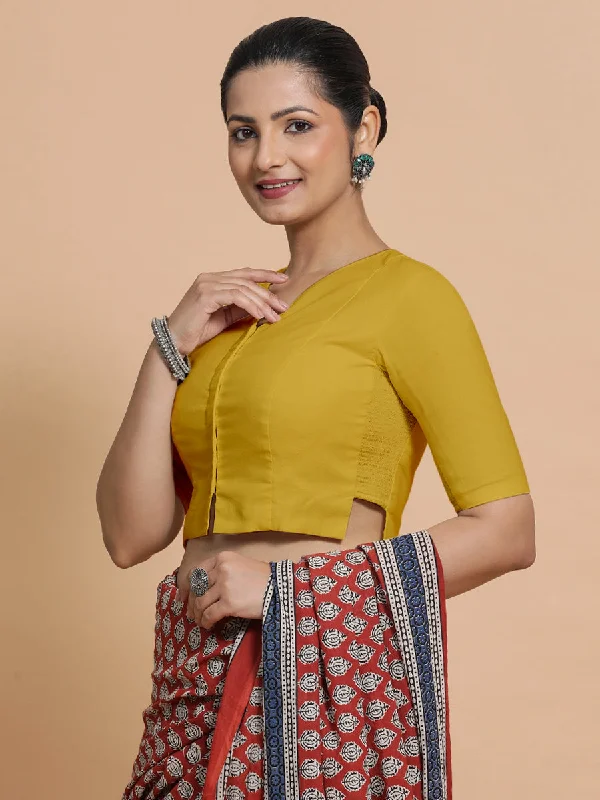 Tejasvi x Rozaana | Round Neck Sunny Yellow Plain Cotton Saree Blouse