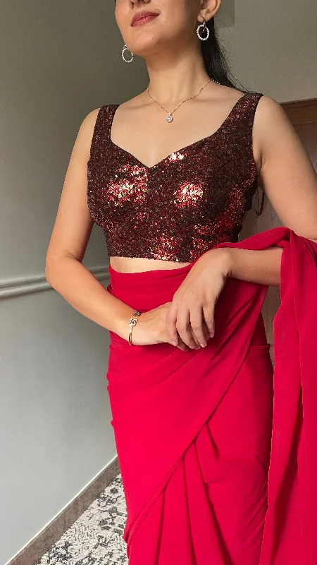 Kanika x Tyohaar | Sleeveless Red Sequined Saree Blouse with Sweetheart Neck