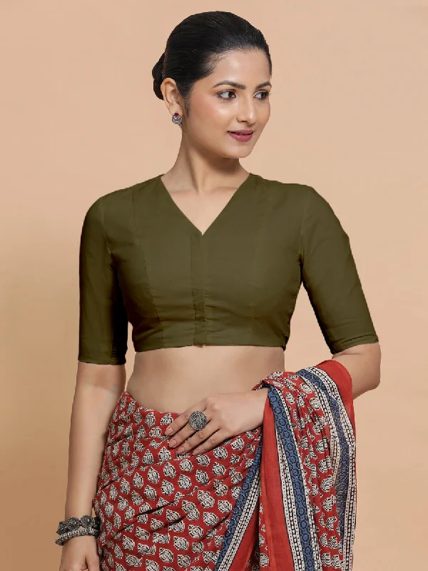 Nalani x Rozaana | Elbow Sleeves Saree Blouse in Deep Olive Green Linen