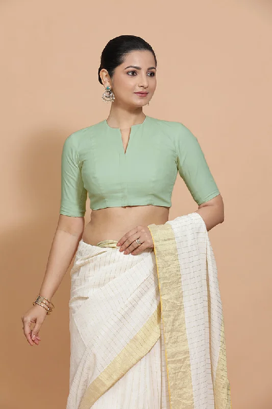 Ananya x Rozaana | Round Neck Light Sage Plain Cotton Saree Blouse