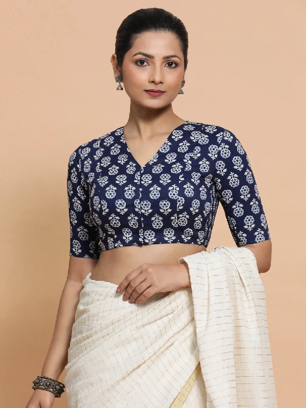 Kirti x Rozaana | Elbow Sleeves Cotton Saree Blouse in Indigo Blue Flower Block Print Fabric