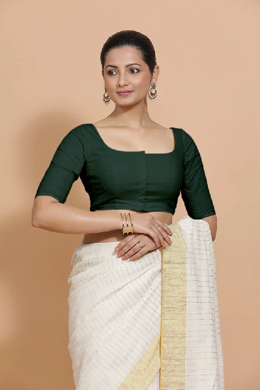 Vritika x Rozaana | Scoop Neck Moss Green Plain Cotton Saree Blouse