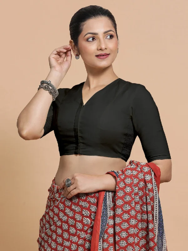 Nalani x Rozaana | Elbow Sleeves Saree Blouse in Ebony Black Linen