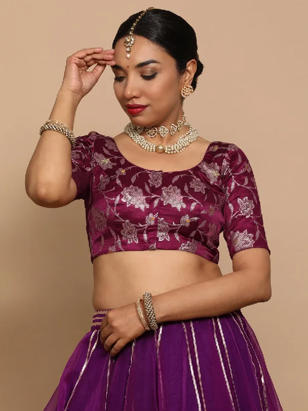 Zaina x Tyohaar | Elbow Sleeves Satin Viscose Saree Blouse in Violet Meenakari Fabric