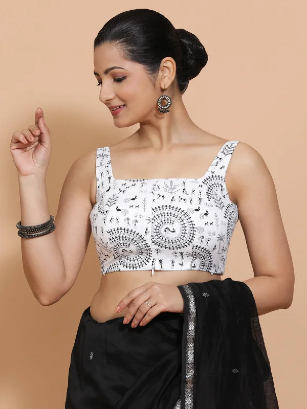 Nazreen x Rozaana | Sleeveless Cotton Saree Blouse in White Warli Print Fabric