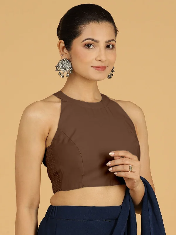 Zubeida x Rozaana | Walnut Brown Sleeveless Halter Neck Saree Blouse