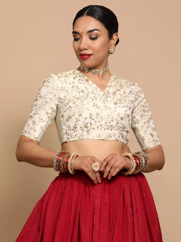 Lina x Tyohaar | Elbow Sleeves Satin Viscose Saree Blouse in Gold Vine Embroidery on Cream Tissue Fabric