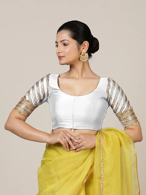 Anisha x Tyohaar | Elbow Sleeves Saree Blouse in Pearl White