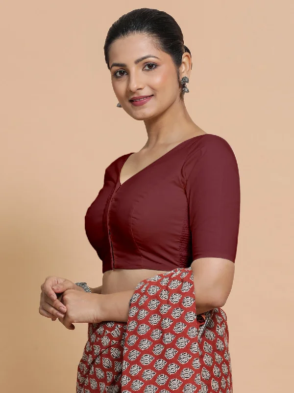 Pragya x Rozaana | V-Neck Royal Maroon Plain Cotton Saree Blouse