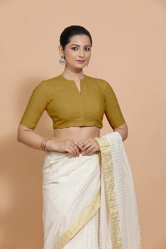 Ananya x Rozaana | Round Neck Khaki Plain Cotton Saree Blouse