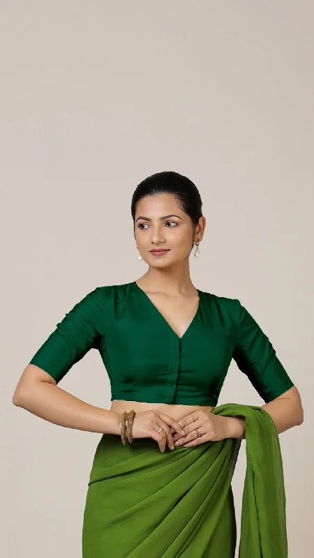 Begum x Rozaana | Elbow Sleeves Saree Blouse in Bottle Green