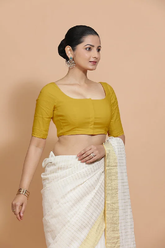 Vritika x Rozaana | Scoop Neck Sunny Yellow Plain Cotton Saree Blouse