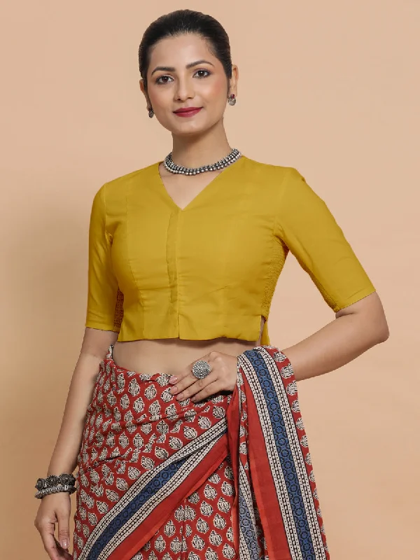 Chaya x Rozaana | V-Neck Sunny Yellow Plain Cotton Saree Blouse