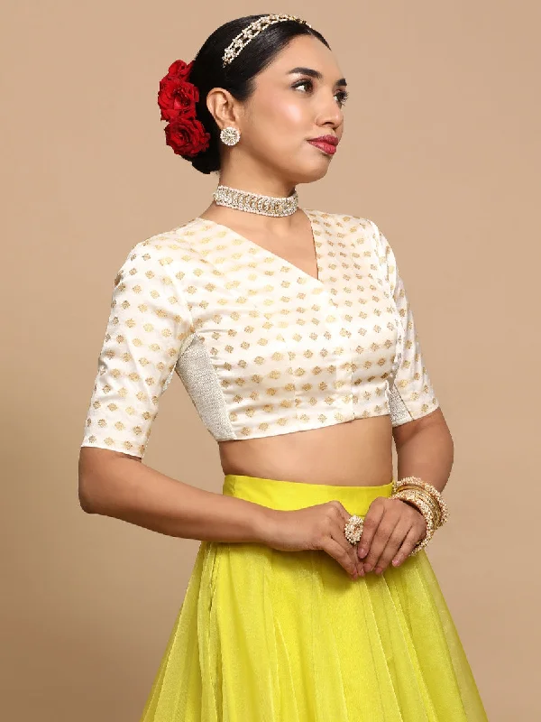 Kaya x Tyohaar | Elbow Sleeves Satin Viscose Saree Blouse in Cream Butta Fabric