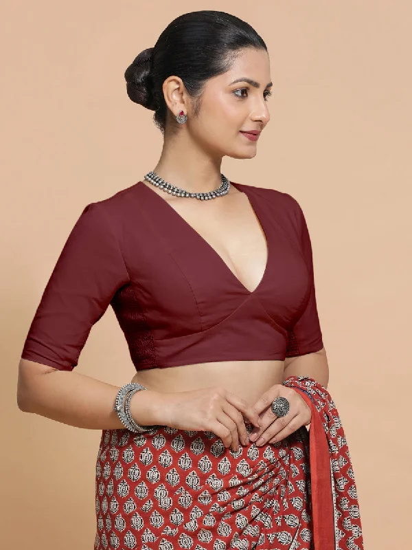 Riddhima x Rozaana | V-Neck Royal Maroon Plain Cotton Saree Blouse