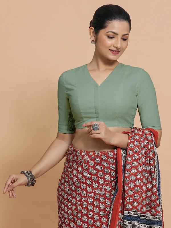 Nalani x Rozaana | Elbow Sleeves Saree Blouse in Peppermint Green Linen