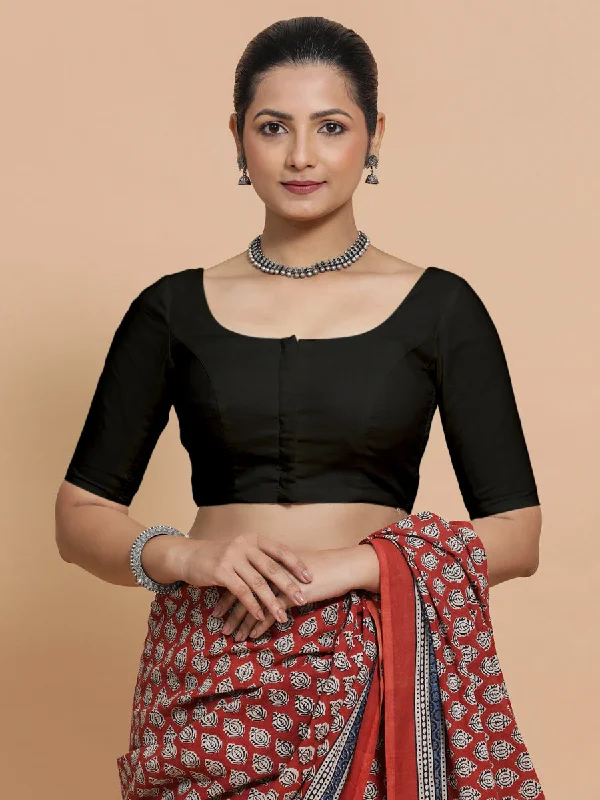 Lahari x Rozaana | Round Neck Black Plain Cotton Saree Blouse