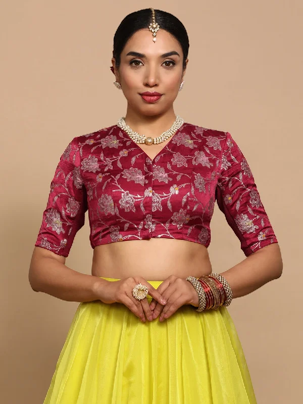 Vani x Tyohaar | Elbow Sleeves Satin Viscose Saree Blouse in Red Meenakari Fabric