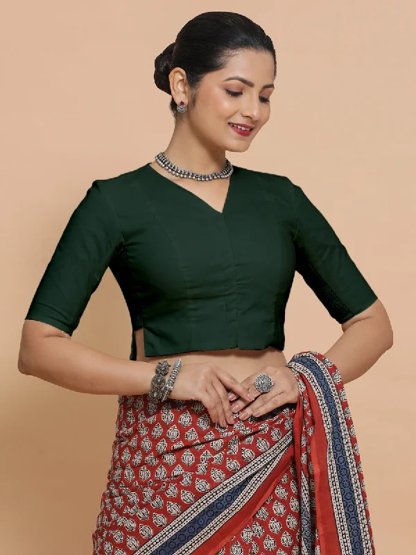 Chaya x Rozaana | V-Neck Moss Green Plain Cotton Saree Blouse