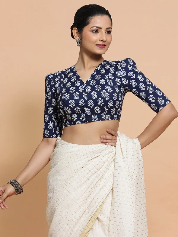 Ujwala x Rozaana | Elbow Sleeves Cotton Saree Blouse in Indigo Blue Flower Block Print Fabric