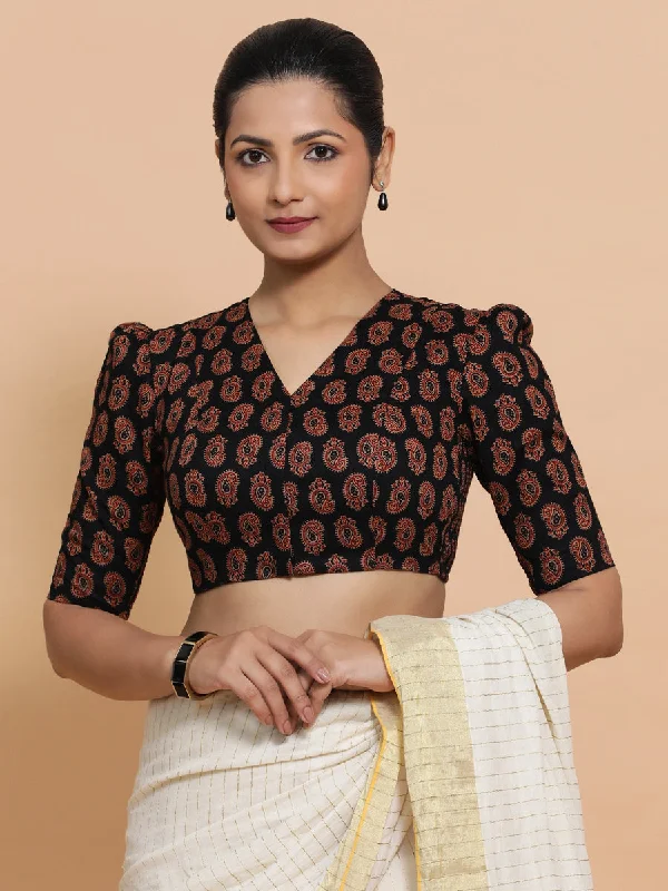 Indira x Rozaana | Elbow Sleeves Cotton Saree Blouse in Black Mango Block Print Fabric