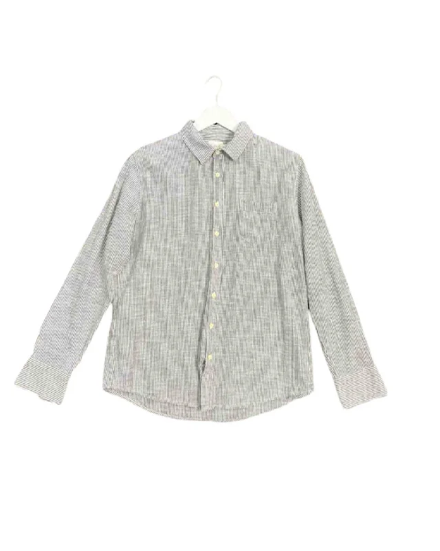 Women's Button-Front A-Line Pullovers-Size L | Flannel Blue and White Stripe Silk and Linen Blend Seersucker Long Sleeve Shirt