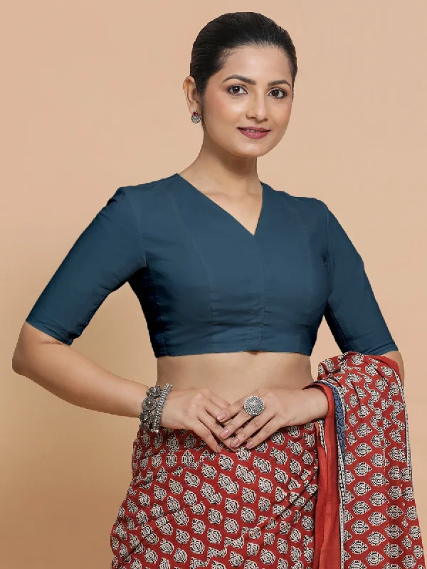 Nalani x Rozaana | Elbow Sleeves Saree Blouse in Regal Blue Linen