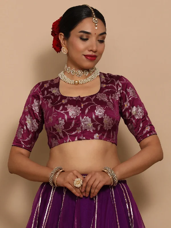 Saanvi x Tyohaar | Elbow Sleeves Satin Viscose Saree Blouse in Violet Meenakari Fabric