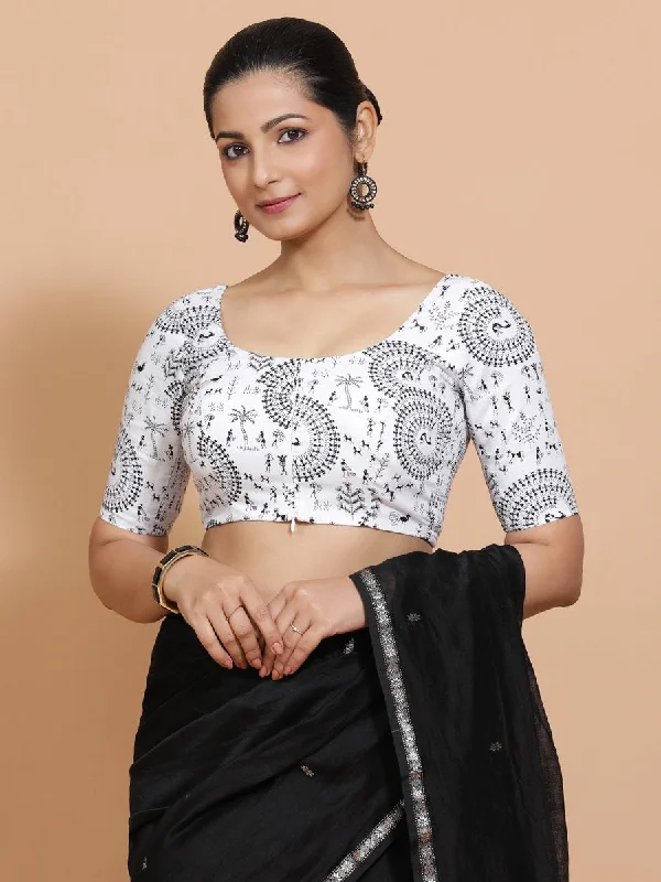 Gargi x Rozaana | Elbow Sleeves Cotton Saree Blouse in White Warli Print Fabric