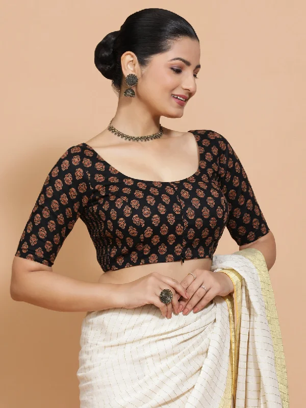 Deepali x Rozaana | Elbow Sleeves Cotton Saree Blouse in Black Peacock Block Print Fabric