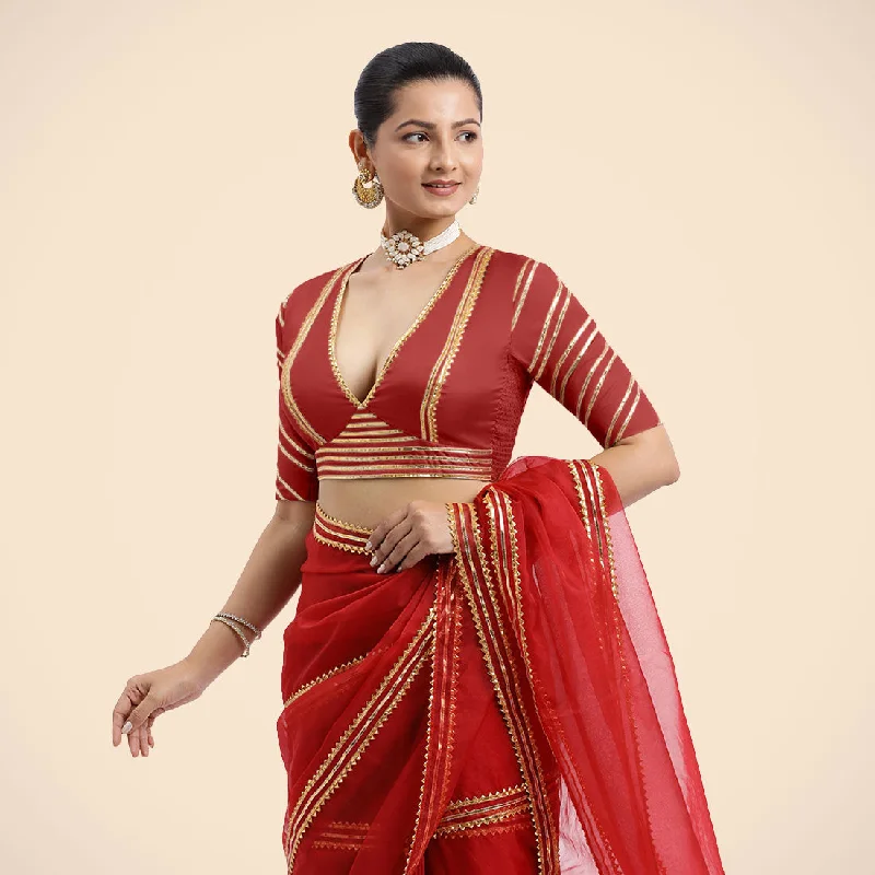 Navya x Tyohaar | Crimson Red Elbow Sleeves FlexiFit™ Saree Blouse with Plunging V Neckline with Tasteful Golden Gota Lace