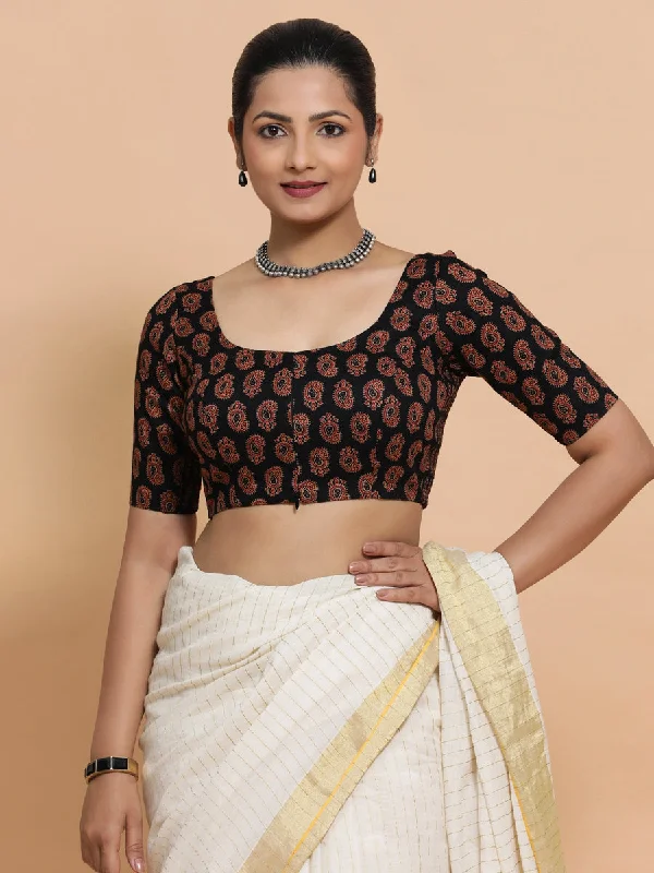 Tara x Rozaana | Elbow Sleeves Cotton Saree Blouse in Black Mango Block Print Fabric