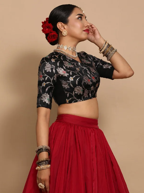 Vani x Tyohaar | Elbow Sleeves Satin Viscose Saree Blouse in Black Meenakari Fabric