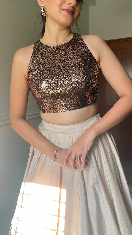 Kiki x Tyohaar | Sleeveless Gold Sequined Saree Blouse with Jewel Neck