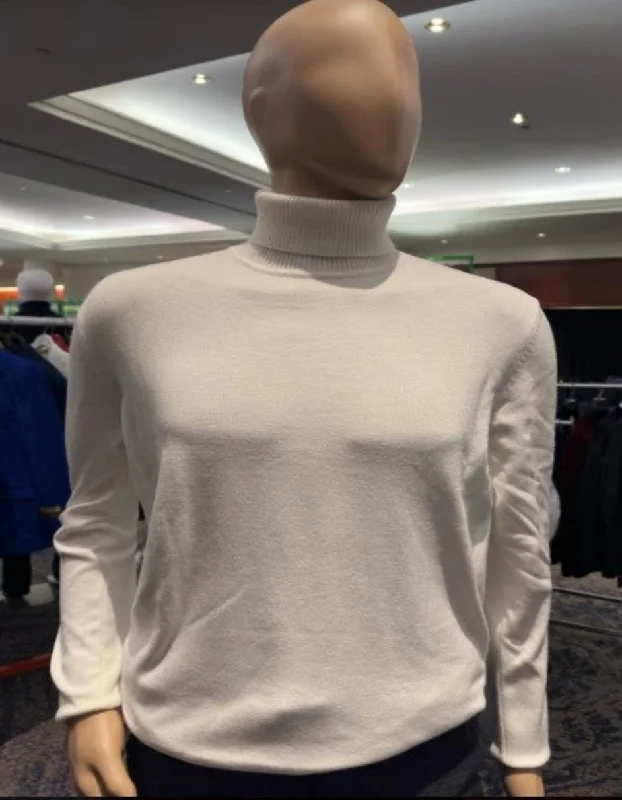 Women's Slit Denim Pullovers-Turtleneck Sweater - Slim in Color White - Cream