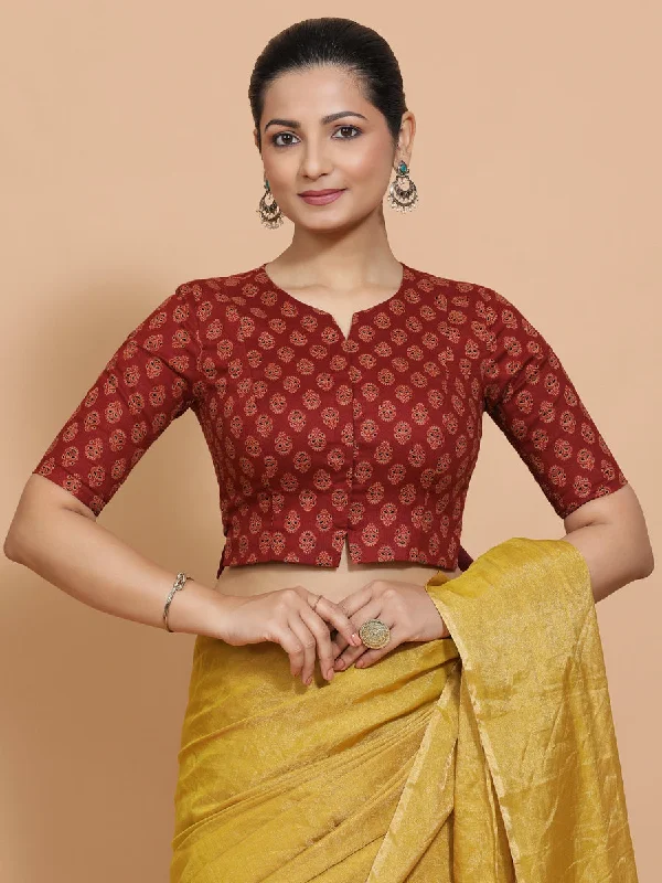 Binal x Rozaana | Elbow Sleeves Cotton Saree Blouse in Red Peacock Block Print Fabric