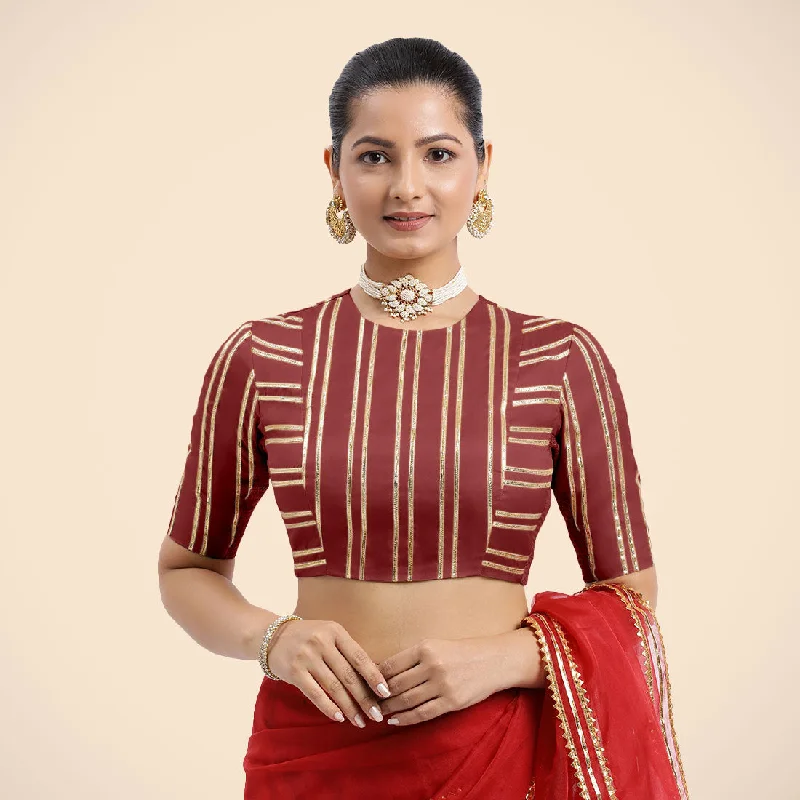 Shaheen x Tyohaar | Auburn Red Elbow Sleeves FlexiFit™ Saree Blouse with Zero Neck with Back Cut-Out and Golden Gota Embellishment