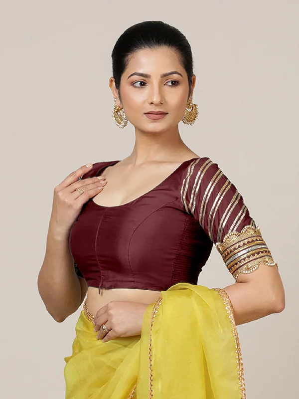 Anisha x Tyohaar | Elbow Sleeves Saree Blouse in Burgundy