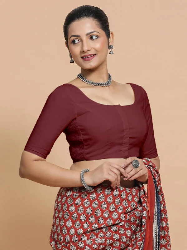 Lahari x Rozaana | Round Neck Royal Maroon Plain Cotton Saree Blouse