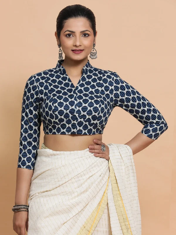 Muskaan x Rozaana | Three Quarter Sleeves Cotton Saree Blouse in Indigo Blue Leaf Block Print Fabric