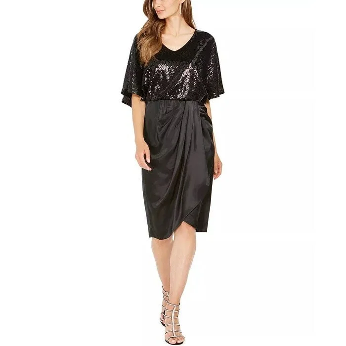 Women's Casual Light Dresses-28Th & Park Women's Sequined Draped Blouson Dress Black Size 14